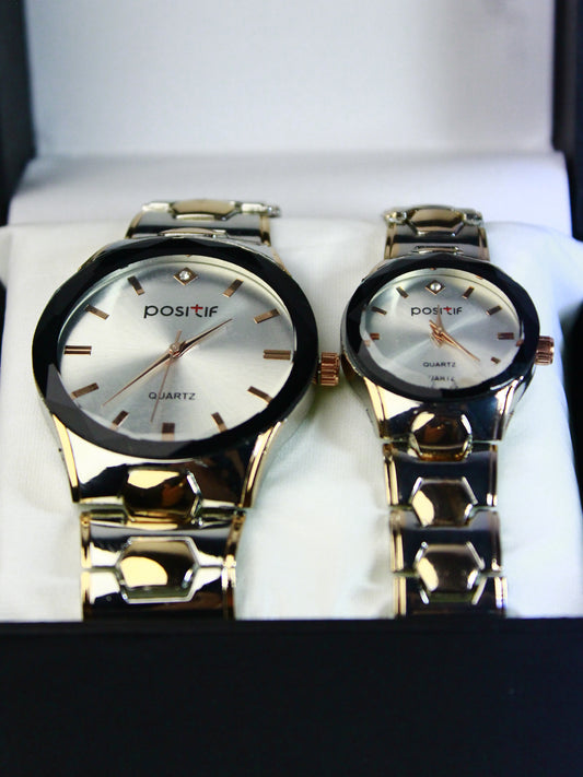 Positif Luxury Couple Watch Set – Silver & Gold Stainless Steel